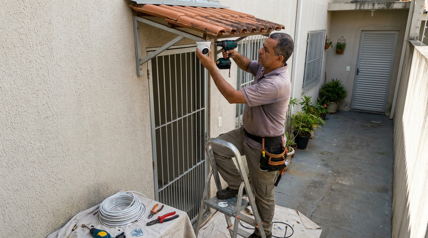 Eletricista instalando cameras de seguranca em Campo Grande‑MS