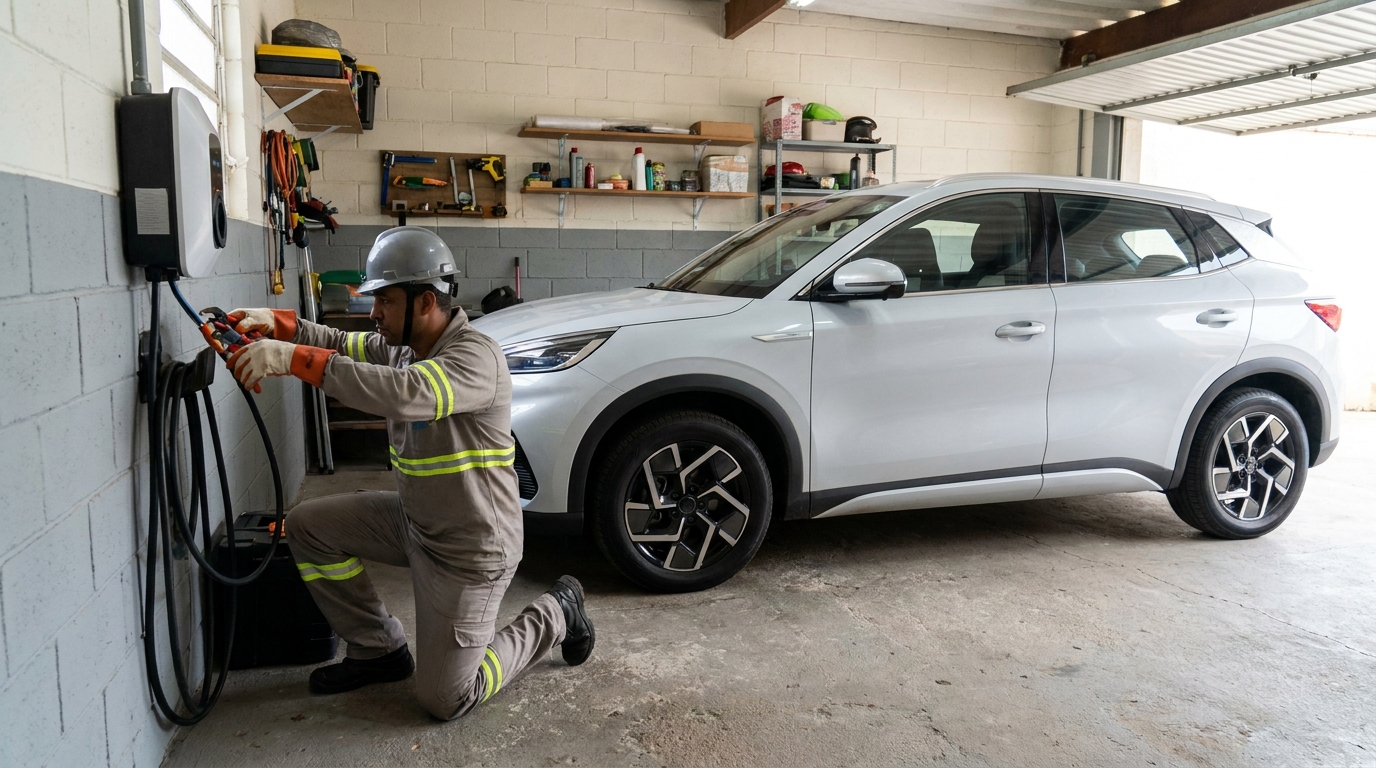 Eletricista instalando carregador de carro eletrico em Campo Grande‑MS