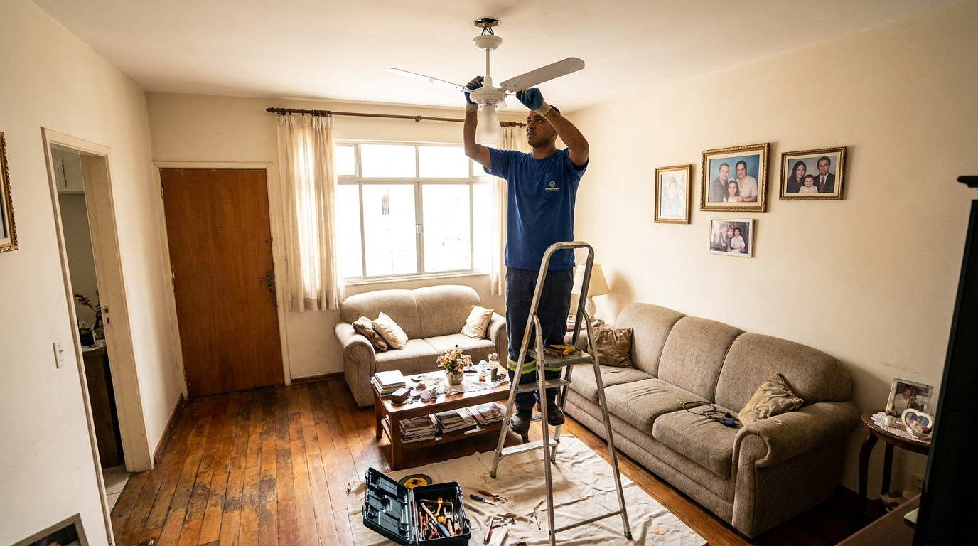 Eletricista instalando ventilador de teto em Campo Grande‑MS
